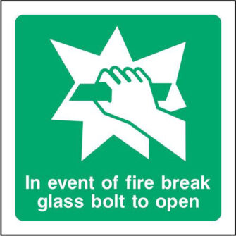 In event of fire break glass bolt to open