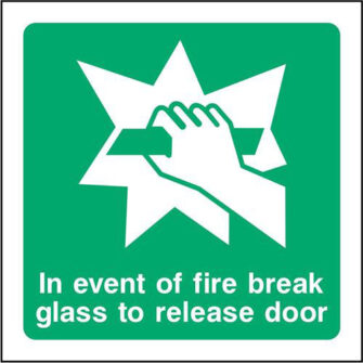 In event of fire break glass to release door