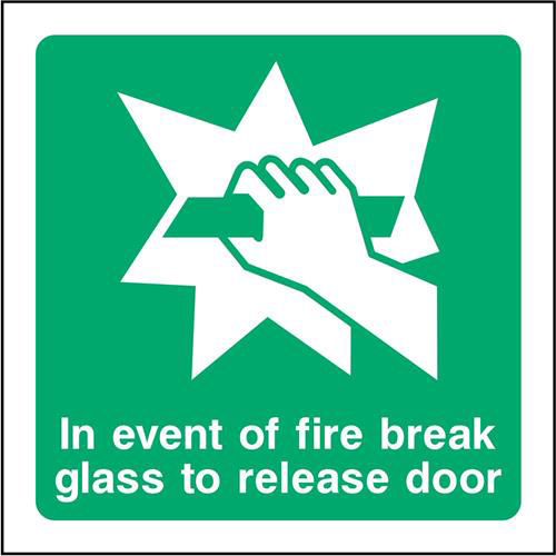 In event of fire break glass to release door 1 In event of fire break glass to release door