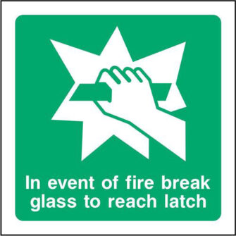 In event of fire break glass to reach latch