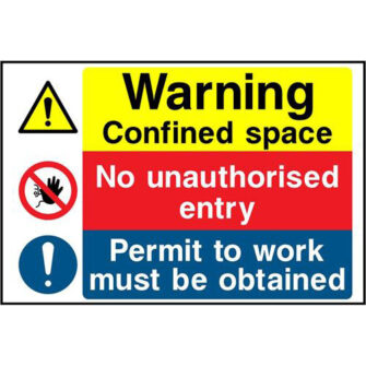 Warning Confined space No unauthorised entry Permit to work must be obtained